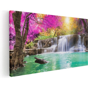 Artaza Canvas Schilderij Waterval Met Groen Water En Roze Bladeren - 100x50 cm - Groot - Wanddecoratie Woonkamer - Schilderijen - Muurdecoratie