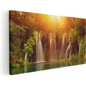 Artaza Canvas Schilderij Watervallen Bij Het Groene Meer Met Zon - 120x60 - Groot - Foto Op Canvas - Canvas Print