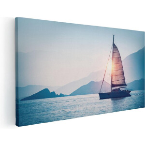 Artaza Canvas Schilderij Zee - 60x30 cm - Wanddecoratie Zeilboot - Muurdecoratie Zonsondergang - Kamer Accessoires Bergen