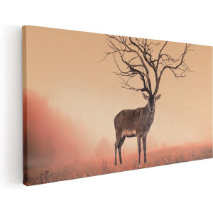 Artaza Canvas Schilderij Hert - 40x20 cm - Klein - Wanddecoratie Gewei Boom - Muurdecoratie Vogels - Kamer Accessoires Surrealisme