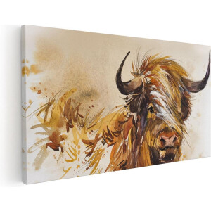 Artaza Canvas Schilderij Schotse Hooglander - 120x60 cm - Groot - Wanddecoratie Woonkamer - Muurdecoratie Aquarel - Schilderijen Op Canvas Dieren