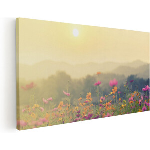Artaza Canvas Schilderij Bloemenveld Met Kosmos - Zonsondergang - 40x20 - Klein - Foto Op Canvas - Canvas Print