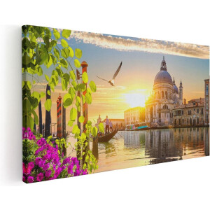 Artaza Canvas Schilderij Kanaal in Venetië met Bloemen - 100x50 - Groot - Foto Op Canvas - Canvas Print
