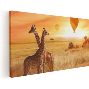 Artaza Canvas Schilderij Twee Giraffen Met Twee Oranje Luchtballonnen - 60x30 - Foto Op Canvas - Canvas Print