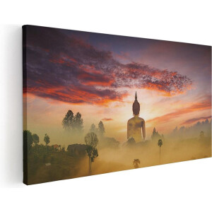Artaza Canvas Schilderij Boeddha Beeld In De Mist - 40x20 - Klein - Foto Op Canvas - Canvas Print