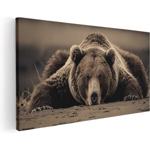 Artaza Canvas Schilderij Grizzlybeer Liggend op de Grond - Dieren - 60x30 cm - Klein - Wanddecoratie Woonkamer - Schilderijen - Muurdecoratie