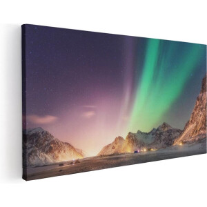 Artaza Canvas Schilderij Noorderlicht in de Bergen met Sneeuw - 100x50 - Groot - Foto Op Canvas - Canvas Print