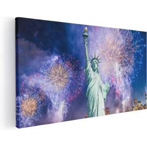 Artaza Canvas Schilderij Vrijheidsbeeld In New York Met Vuurwerk - 40x20 - Klein - Foto Op Canvas - Canvas Print
