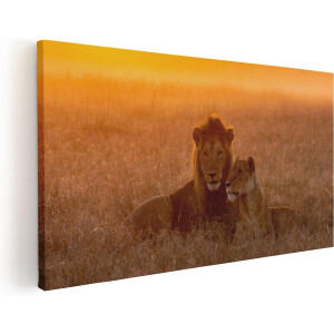 Artaza Canvas Schilderij Leeuw - 40x20 cm - Klein - Wanddecoratie Leeuwenpaar - Muurdecoratie Dieren - Schilderijen Op Canvas Safari