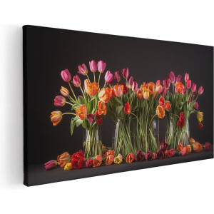 Artaza Canvas Schilderij Tulpen in Vazen op een Zwarte Achtergrond - Bloemen - 120x60 cm - Groot - Wanddecoratie Woonkamer - Schilderijen - Muurdecoratie