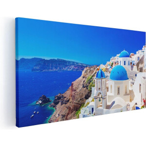 Artaza Canvas Schilderij Blauwe Huizen met Koepels in Griekenland - 80x40 - Foto Op Canvas - Canvas Print