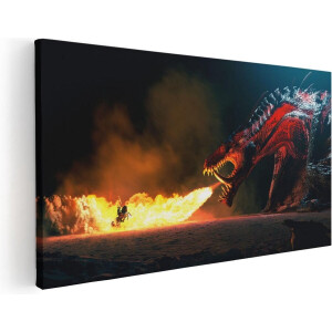 Artaza Canvas Schilderij Draak Spuwt Vuur op een Paard en Knecht - 120x60 - Groot - Foto Op Canvas - Canvas Print