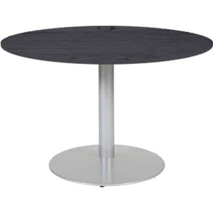 Linesto 120cm ronde vergadertafel op vaste hoogte (74cm) met schaduwzwart 25mm blad en aluminium (RAL9006) trompetvoet