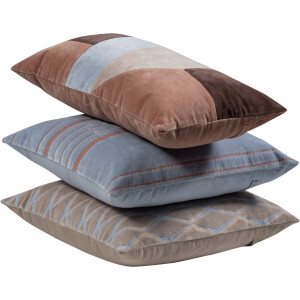 WOOOD Laon Kussens - Velvet stof - Naturel/Blauw - Set Van 3