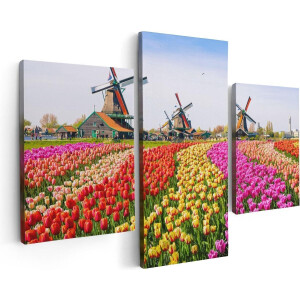 Artaza Canvas Schilderij Drieluik Kleurrijke Tulpen Bloemenveld - Windmolen - 90x60 - Foto Op Canvas - Canvas Print