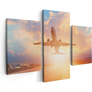 Artaza Canvas Schilderij Drieluik Vliegtuig Stijgt Op Het Landingsbaan Met Zon - 90x60 cm - Wanddecoratie Woonkamer - Schilderijen - Muurdecoratie