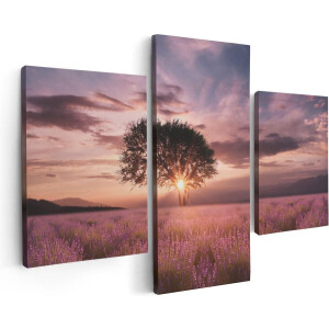 Artaza Canvas Schilderij Drieluik Bloemenveld Met Lavendel Bij Zonsondergang - 90x60 - Foto Op Canvas - Canvas Print