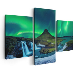 Artaza Canvas Schilderij Drieluik Noorderlicht bij de Watervallen in IJsland - 90x60 - Foto Op Canvas - Canvas Print