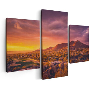 Artaza Canvas Schilderij Drieluik Woestijn Landschap Met Zonsondergang  - 90x60 - Foto Op Canvas - Canvas Print