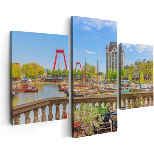 Artaza Canvas Schilderij Drieluik Kleurrijke Oude Haven In Rotterdam - 90x60 cm - Wanddecoratie Woonkamer - Schilderijen - Muurdecoratie