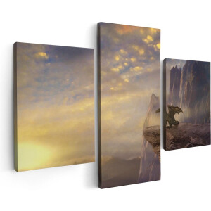Artaza Canvas Schilderij Drieluik Draak op een Rots bij Zonsondergang - 90x60 - Foto Op Canvas - Canvas Print