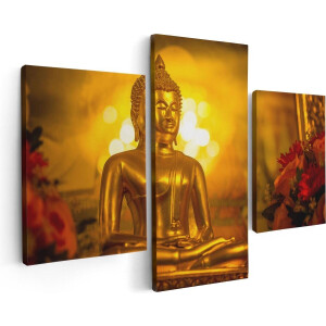 Artaza Canvas Schilderij Drieluik Gouden Boeddha Beeld - 90x60 - Foto Op Canvas - Canvas Print