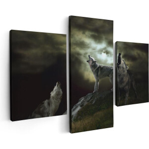 Artaza Canvas Schilderij Drieluik Drie Huilende Wolven Tijdens Volle Maan - 90x60 - Foto Op Canvas - Canvas Print