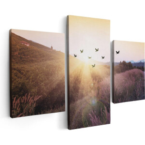Artaza Canvas Schilderij Drieluik Silhouet Zwerm Vogels Bij Zonsondergang - 90x60 cm - Wanddecoratie Woonkamer - Schilderijen - Muurdecoratie