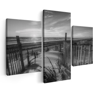 Artaza Canvas Schilderij Drieluik Strand en Zee vanuit Duinen met Zonsondergang - Zwart Wit - 180x120 - Groot - Foto Op Canvas - Canvas Print