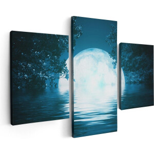 Artaza Canvas Schilderij Drieluik Volle Maan in het Water - 90x60 cm - Wanddecoratie Woonkamer - Schilderijen - Muurdecoratie