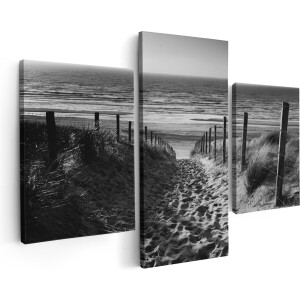 Artaza Canvas Schilderij Drieluik Voetpad in de Duinen met Strand en Zee - Zwart Wit - 180x120 - Groot - Foto Op Canvas - Canvas Print