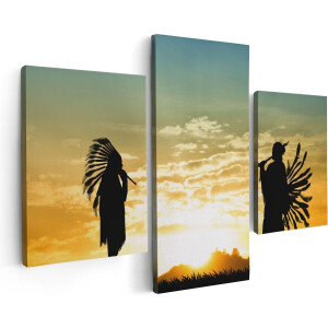 Artaza Canvas Schilderij Drieluik Twee Silhouetten van Indianen bij Zonsondergang - 90x60 - Foto Op Canvas - Canvas Print