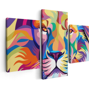 Artaza Canvas Schilderij Drieluik Gekleurde Leeuw - Leeuwenkop - Abstract - 90x60 - Foto Op Canvas - Canvas Print