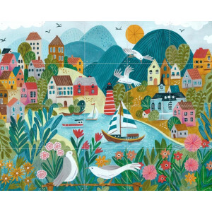 IXXI Coastal Village, Caroline Bonne Müller & Various - 100 x 80 cm - Gratis ophangtool - Grote wanddecoratie en posters - Aquarel, Fantasierijk