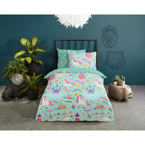 Good Morning dekbedovertrek eenhoorn, prinses, regenboog - 1 persoons 140x200/220 cm - Mint - 100% Katoen renforce