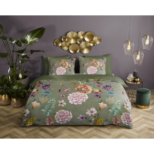 Descanso dekbedovertrek bloemen - 2 persoons 200x200/220 cm - Olijfgroen - 100% Katoen satijn