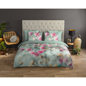 Good Morning dekbedovertrek bloemen en vlinders - 2 persoons 200x200/220 cm - Mint - 100% Katoen renforce