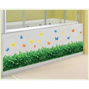 Decoratieve Muursticker Gras En Vlinders - Badkamer - Sticker - Wanddecoratie - Natuur
