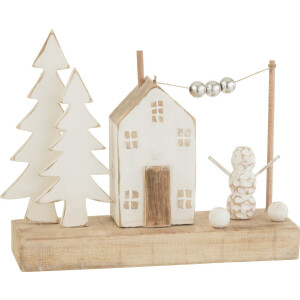 J-line - Decoratie Huis Boom Parels Hout Naturel/wit - 43x12x30cm