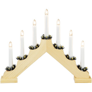 Houten Kerstkandelaar voor binnen - 7 kaarsen - 2700K warm wit - Hout met groen - Kaarsenbrug met 7 lampen - 30 x 38 cm - Kerstverlichting