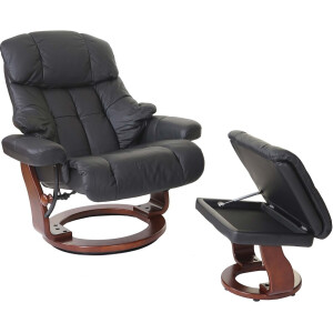 MCA Relax fauteuil Calgary XXL, TV fauteuil kruk, echt leer 180kg belastbaar ~ zwart, walnoot look
