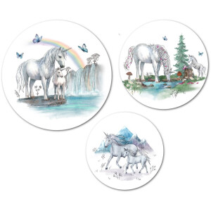 Muurcirkel / Wandcirkel Unicorns groot - set van 3 muurcirkels + ophangsysteem - Decoratie kinderkamer / babykamer jongens & meisjes