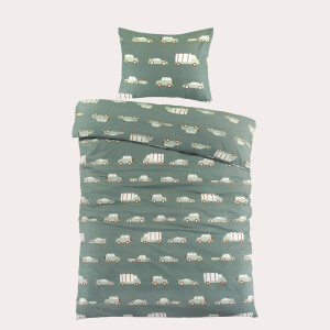 NOUS Kids katoenen dekbedovertrek kinder auto's groen (120x150 cm)