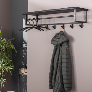 Kapstok 'Yena' Acaciahout en metaal, met 6 haken en plank, kleur zwart