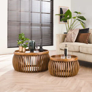 LifestyleFurn Ronde Salontafel 'Twiggy' Mangohout, Set van 2 stuks
