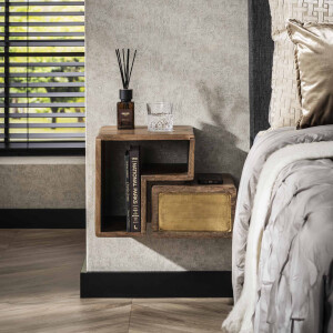 LifestyleFurn Zwevend Nachtkastje 'Renée' Mangohout en brass, Set van 2 stuks