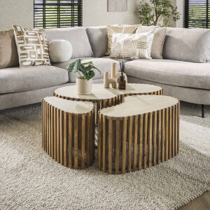 LifestyleFurn Organische Salontafel 'Beckie' Mangohout en Keramiek in Travertin-look, Set van 3 stuks