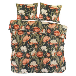 2e Halve Prijs Leen Bakker - Dekbedovertrek Fleur - Zwart/geel - 200x200/220 Cm - Katoen Satijn - Zwart#Geel