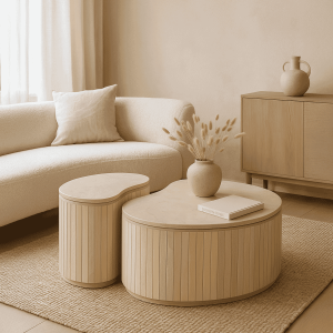 Brix Organische Salontafel 'Sorai' Bottecino marmer en naturel mangohout, Set van 2 stuks