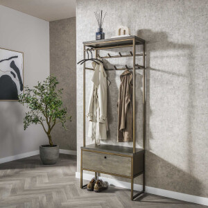 LifestyleFurn Staande Kapstok 'Dishon' Antiek Brass, Met 8 haken en lade